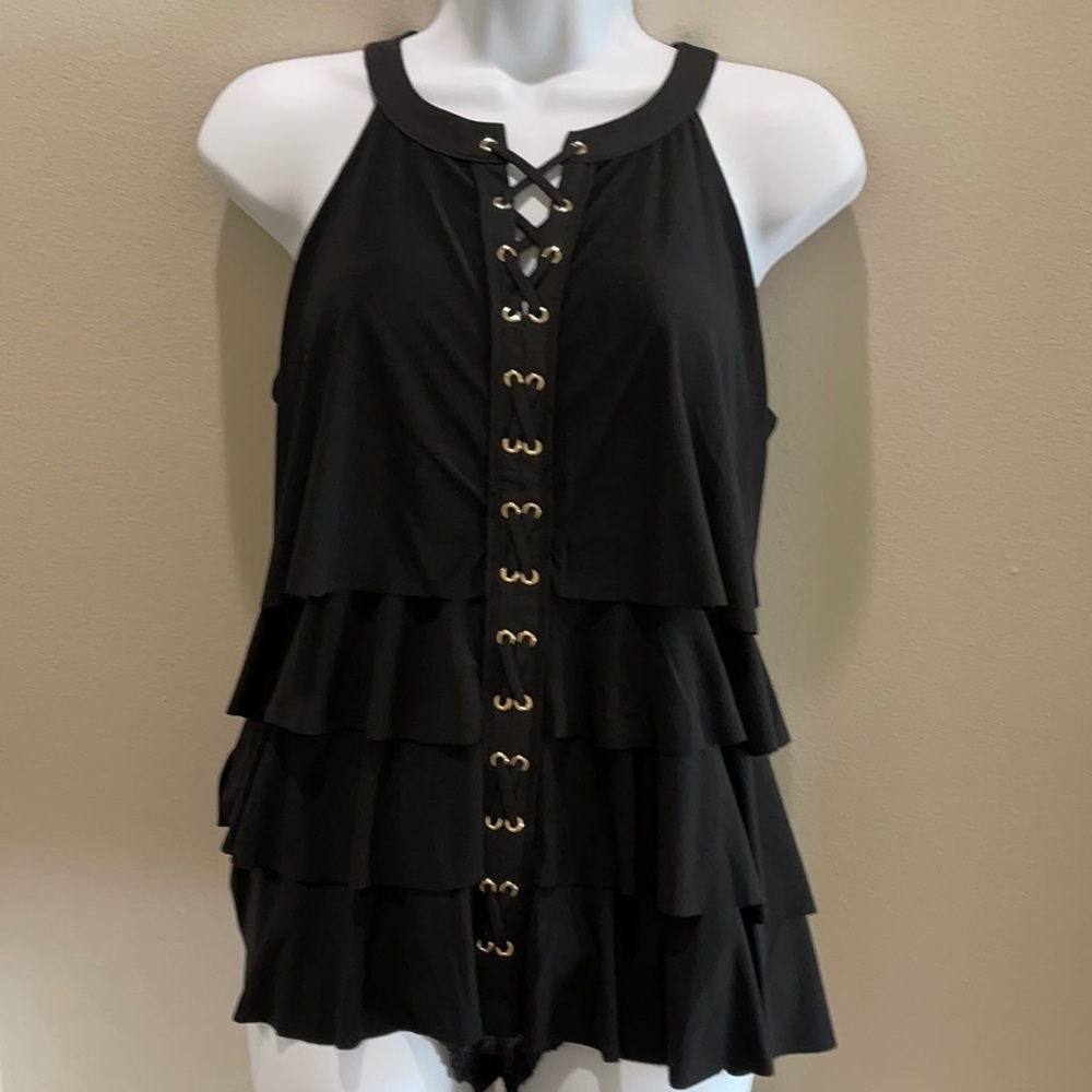 White House Black Market tiered ruffle lace up halter top